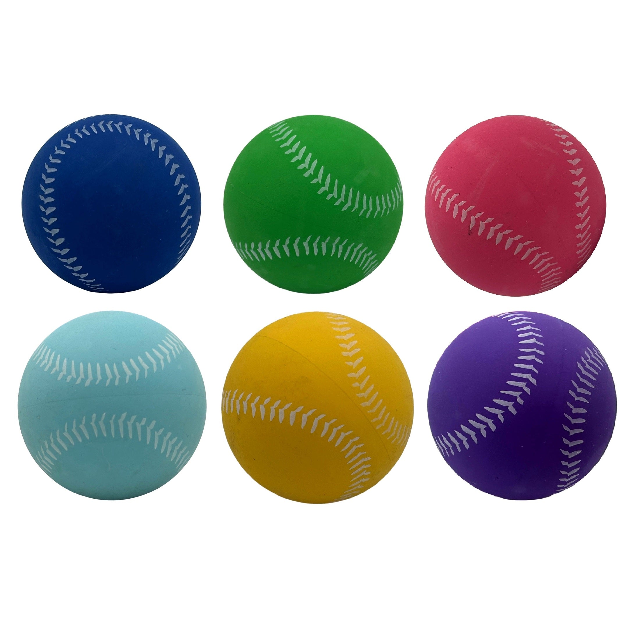 Six colorful baseballs.
